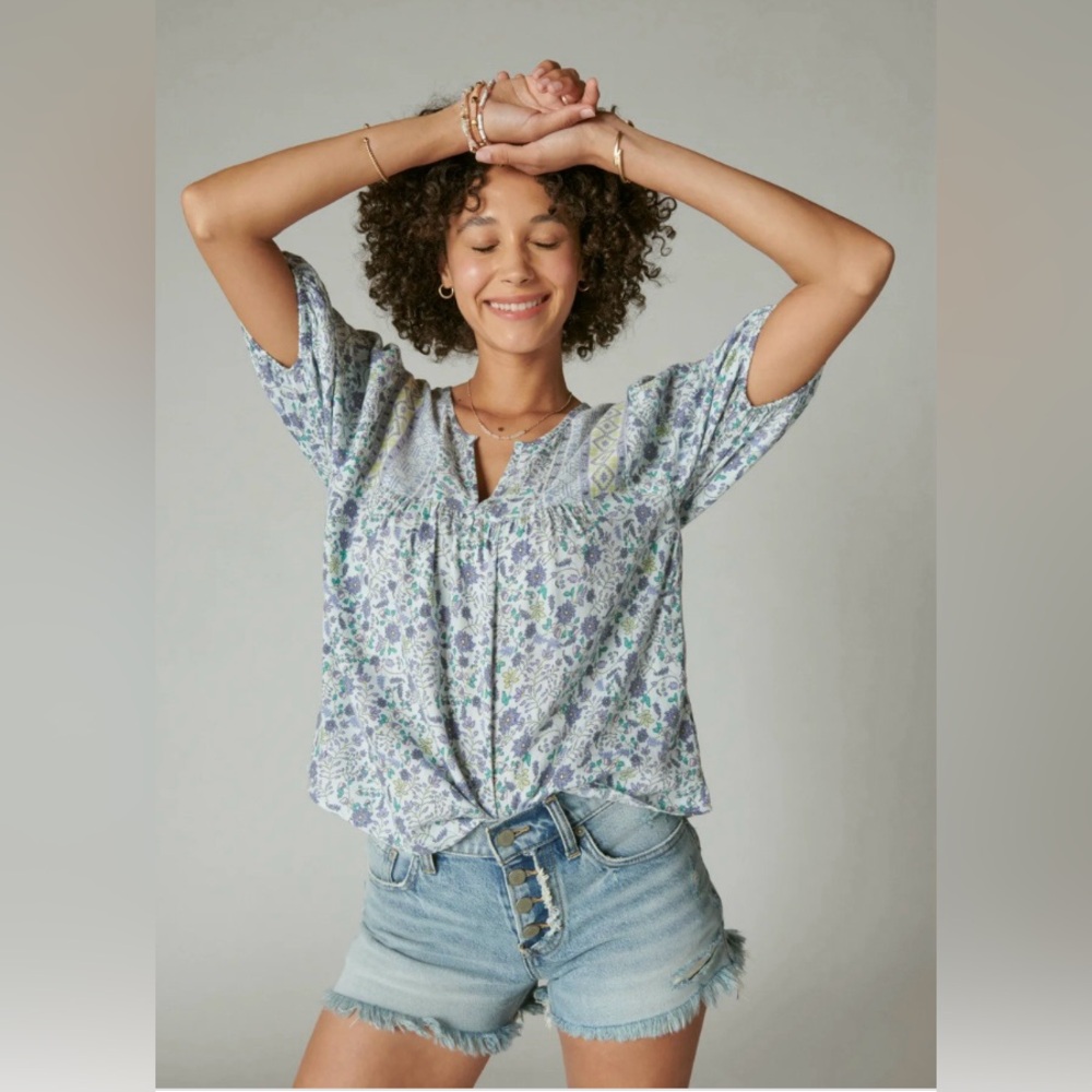 Lucky Brand Printed Short Sleeves Peasant Top